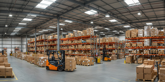 The image shows a warehouse setting full of boxes on shelves with a forklift up front