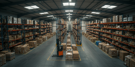 A large warehouse is shown with boxes on shelves and in front of shelves.