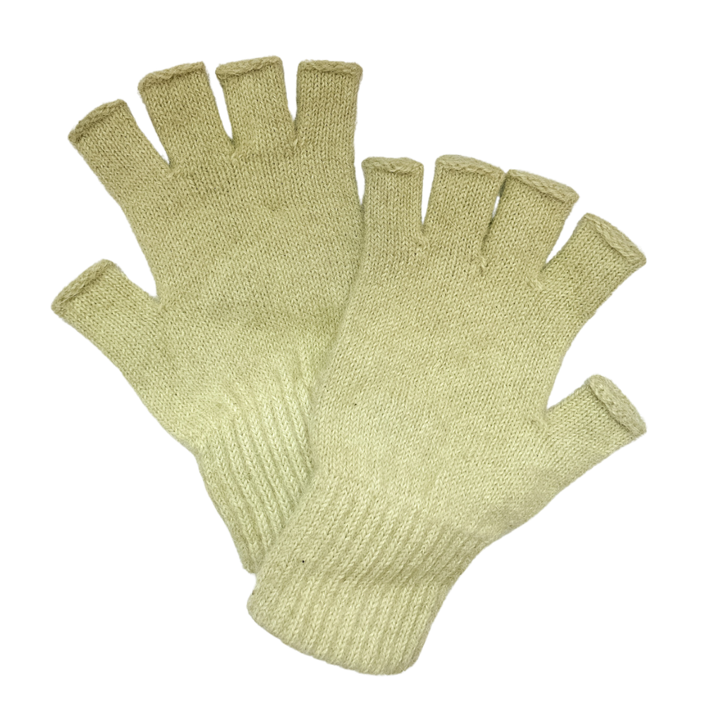 Pair of green fingerless gloves on a white background