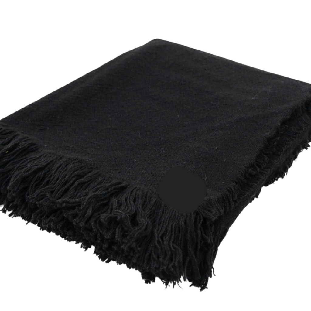 a black blanket with black fringe on a white background