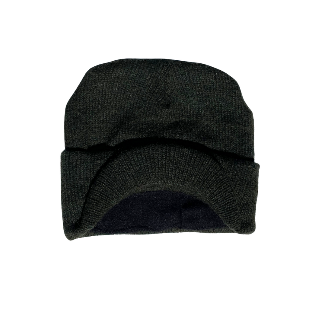a dark green knit hat with a brim on a white background