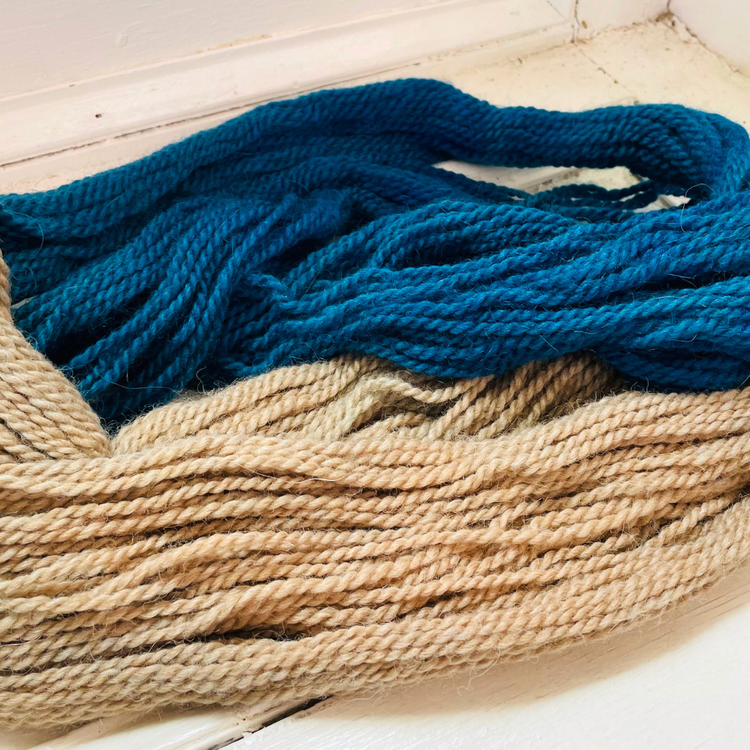 Hand dyed blue and fawn alpaca yarn